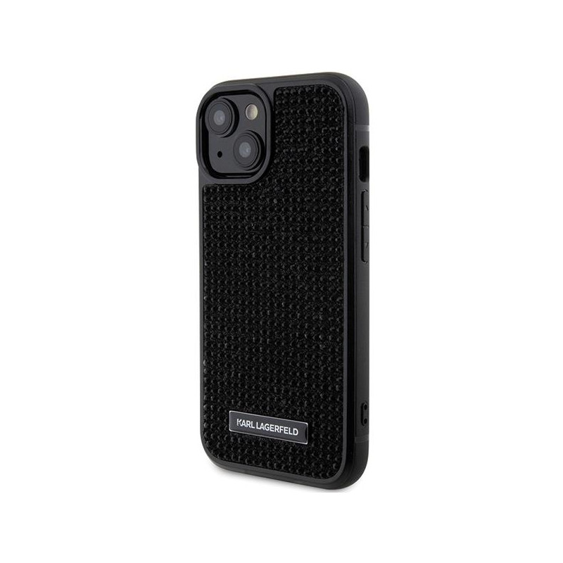 Karl Lagerfeld Rhinestone Logo Metal Plate dėklas iPhone 15 - juodas