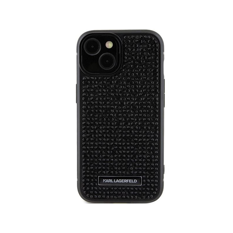Karl Lagerfeld Rhinestone Logo Metal Plate dėklas iPhone 15 - juodas