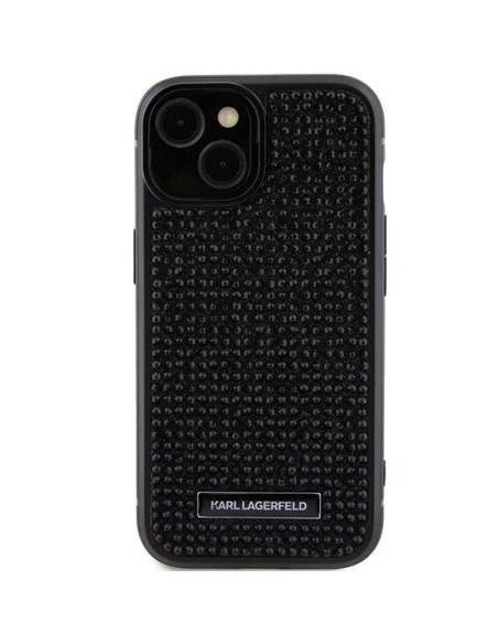 Karl Lagerfeld Rhinestone Logo Metal Plate dėklas iPhone 15 - juodas Karl Lagerfeld Rhinestone Logo Metal Plate dėklas iPhone 15 - juodas