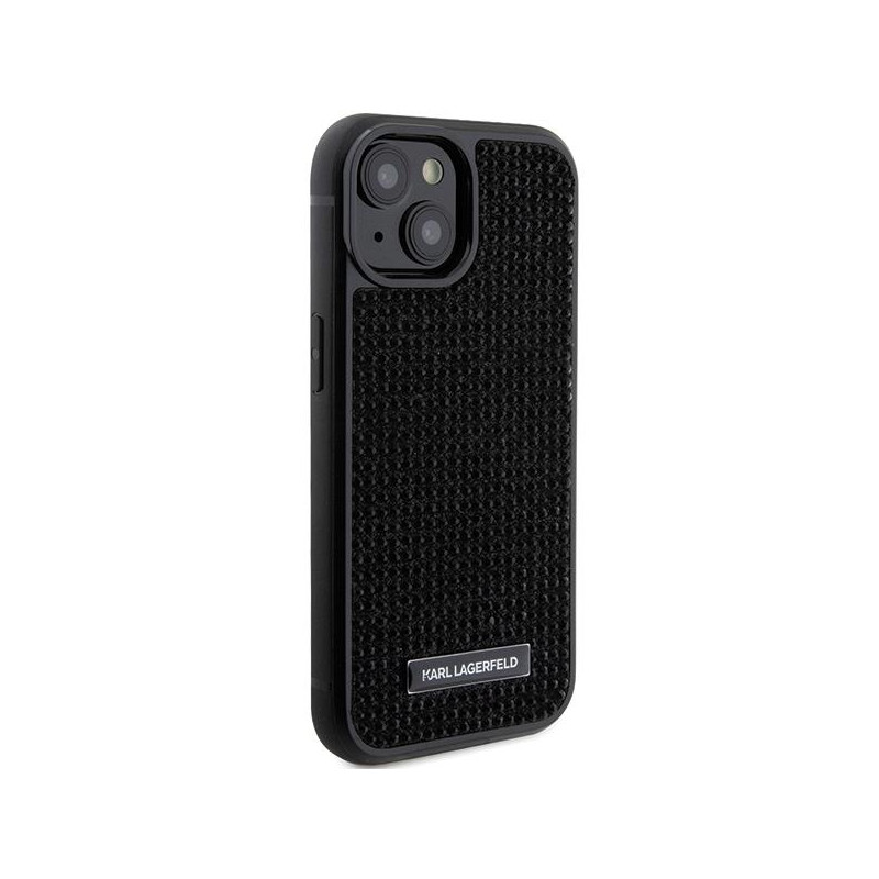 Karl Lagerfeld Rhinestone Logo Metal Plate dėklas iPhone 15 - juodas