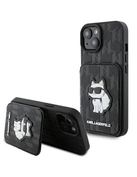 Karl Lagerfeld Saffiano kortelių lizdai ir stovo monograma Choupette dėklas, skirtas iPhone 15 - juodas Karl Lagerfeld Saffiano kortelių lizdai ir stovo monograma Choupette dėklas, skirtas iPhone 15 - juodas