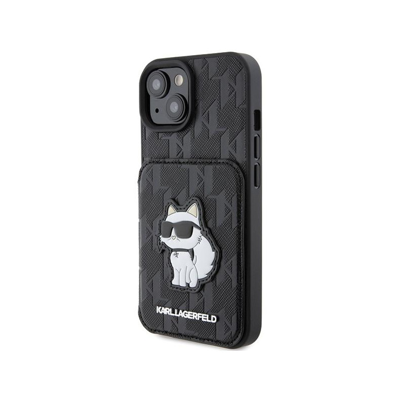 Karl Lagerfeld Saffiano kortelių lizdai ir stovo monograma Choupette dėklas, skirtas iPhone 15 - juodas