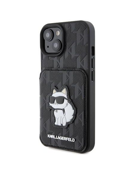 Karl Lagerfeld Saffiano kortelių lizdai ir stovo monograma Choupette dėklas, skirtas iPhone 15 - juodas Karl Lagerfeld Saffiano kortelių lizdai ir stovo monograma Choupette dėklas, skirtas iPhone 15 - juodas