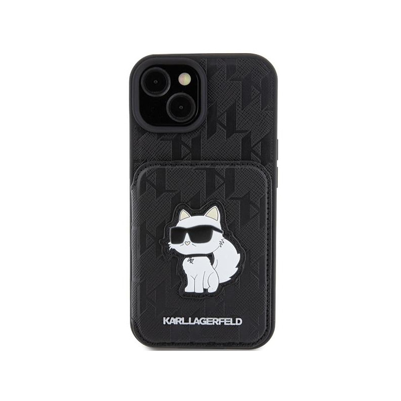 Karl Lagerfeld Saffiano kortelių lizdai ir stovo monograma Choupette dėklas, skirtas iPhone 15 - juodas