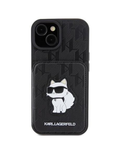 Karl Lagerfeld Saffiano kortelių lizdai ir stovo monograma Choupette dėklas, skirtas iPhone 15 - juodas Karl Lagerfeld Saffiano kortelių lizdai ir stovo monograma Choupette dėklas, skirtas iPhone 15 - juodas