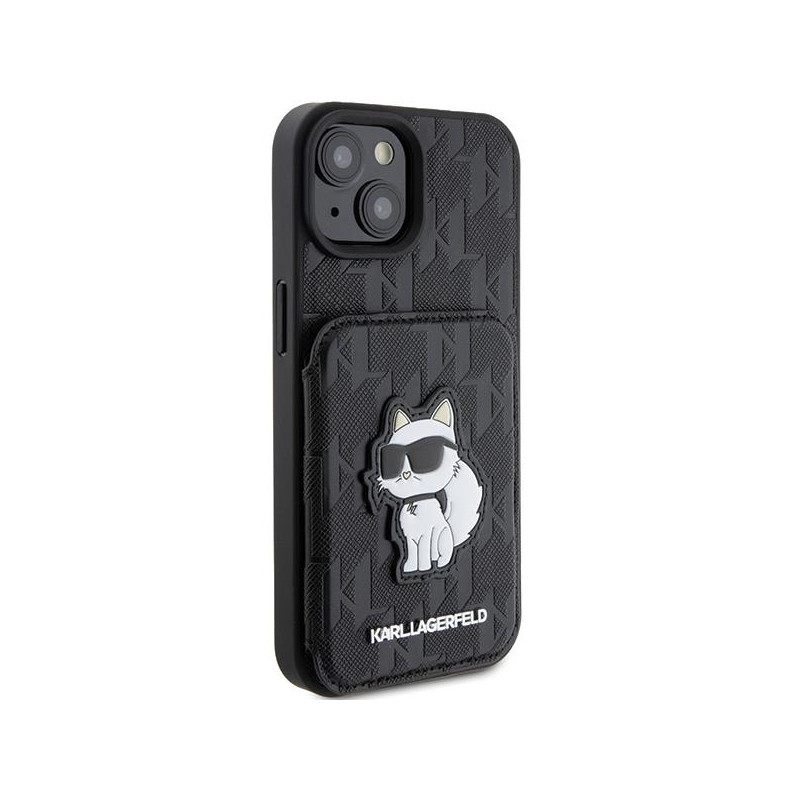 Karl Lagerfeld Saffiano kortelių lizdai ir stovo monograma Choupette dėklas, skirtas iPhone 15 - juodas
