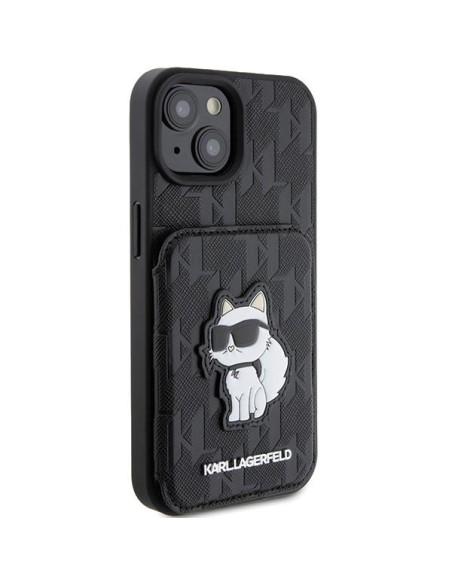 Karl Lagerfeld Saffiano kortelių lizdai ir stovo monograma Choupette dėklas, skirtas iPhone 15 - juodas Karl Lagerfeld Saffiano kortelių lizdai ir stovo monograma Choupette dėklas, skirtas iPhone 15 - juodas