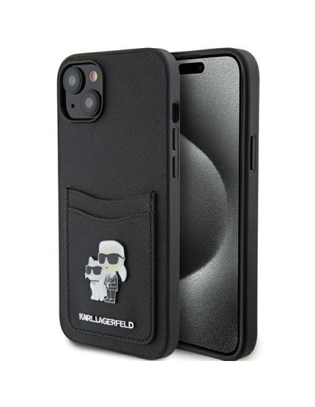 Karl Lagerfeld Saffiano Cardslot Karl&Choupette Metal Pin dėklas iPhone 15 - juodas