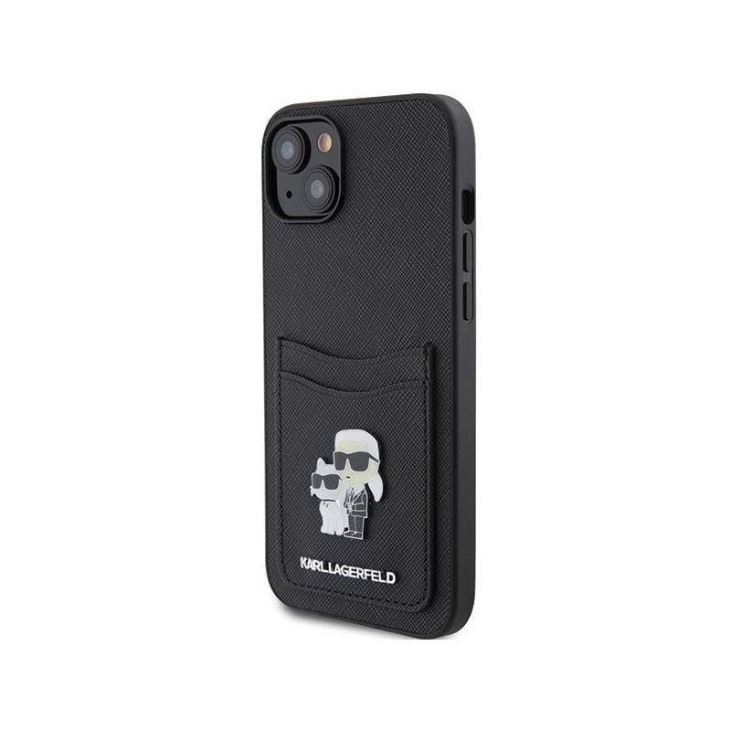 Karl Lagerfeld Saffiano Cardslot Karl&Choupette Metal Pin dėklas iPhone 15 - juodas