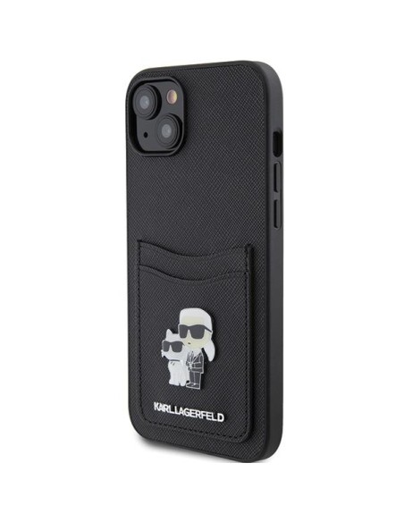 Karl Lagerfeld Saffiano Cardslot Karl&Choupette Metal Pin dėklas iPhone 15 - juodas
