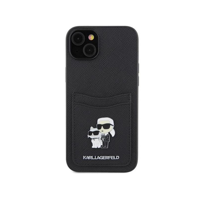 Karl Lagerfeld Saffiano Cardslot Karl&Choupette Metal Pin dėklas iPhone 15 - juodas
