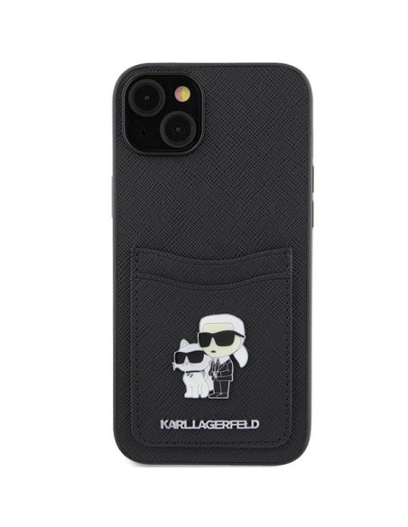 Karl Lagerfeld Saffiano Cardslot Karl&Choupette Metal Pin dėklas iPhone 15 - juodas