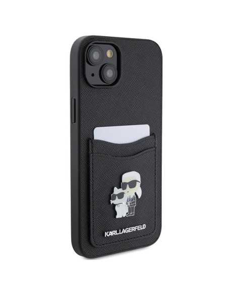 Karl Lagerfeld Saffiano Cardslot Karl&Choupette Metal Pin dėklas iPhone 15 - juodas