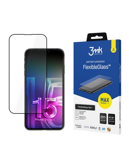 3mk FlexibleGlass Max™ hibridinis stiklas, skirtas iPhone 15 3mk FlexibleGlass Max™ hibridinis stiklas, skirtas iPhone 15