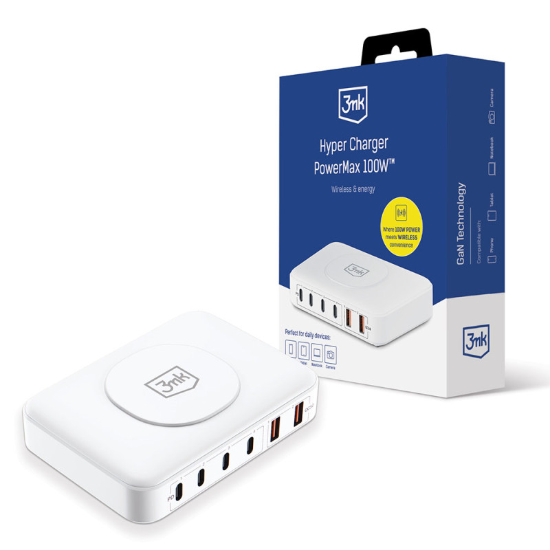 3mk Hyper Charger PowerMax 100W stalinis įkroviklis belaidis 4x USB-C 2x USB-A - balta 3mk Hyper Charger PowerMax 100W stalinis įkroviklis belaidis 4x USB-C 2x USB-A - balta