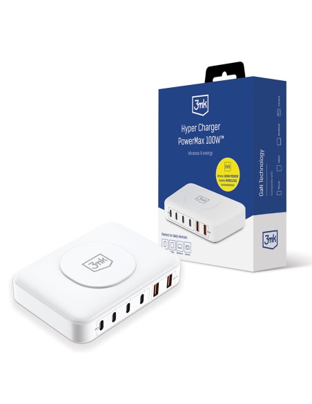 3mk Hyper Charger PowerMax 100W stalinis įkroviklis belaidis 4x USB-C 2x USB-A - balta 3mk Hyper Charger PowerMax 100W stalinis įkroviklis belaidis 4x USB-C 2x USB-A - balta