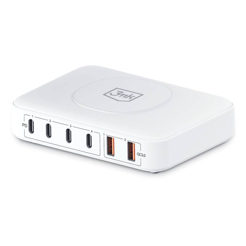 3mk Hyper Charger PowerMax 100W stalinis įkroviklis belaidis 4x USB-C 2x USB-A - balta