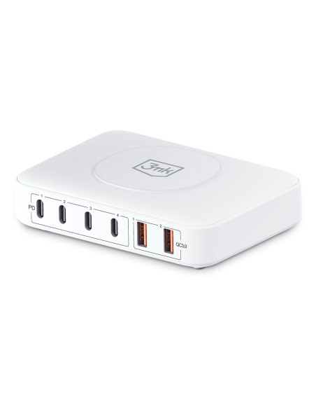 3mk Hyper Charger PowerMax 100W stalinis įkroviklis belaidis 4x USB-C 2x USB-A - balta 3mk Hyper Charger PowerMax 100W stalinis įkroviklis belaidis 4x USB-C 2x USB-A - balta