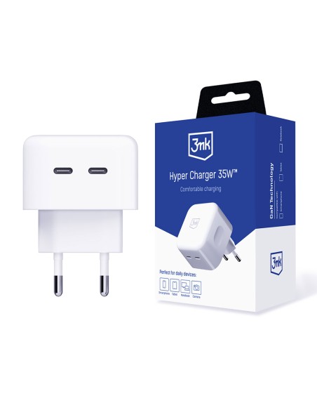 3mk Hyper Charger 35W 2x USB-C tinklo įkroviklis - baltas 3mk Hyper Charger 35W 2x USB-C tinklo įkroviklis - baltas