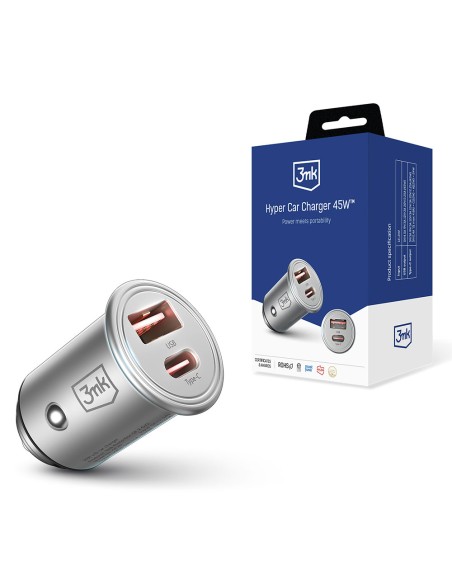 3mk Hyper Car Charger 45W USB-C USB-A automobilinis įkroviklis – sidabrinis