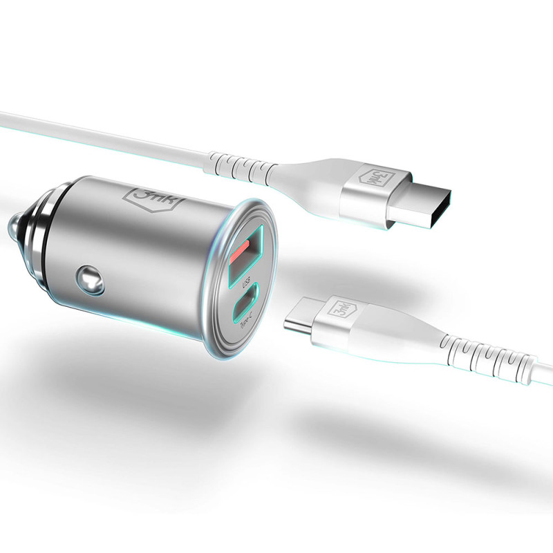 3mk Hyper Car Charger 45W USB-C USB-A automobilinis įkroviklis – sidabrinis