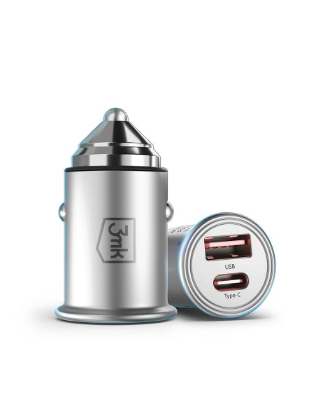 3mk Hyper Car Charger 45W USB-C USB-A automobilinis įkroviklis – sidabrinis