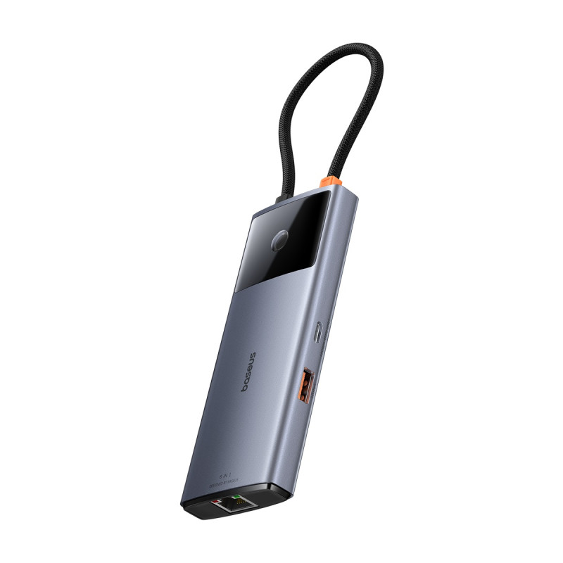 USB HUB 6in1 Baseus Metal Gleam Series II USB-A/ USB-C/ USB-C PD/ HDMI/ RJ45 – juodas