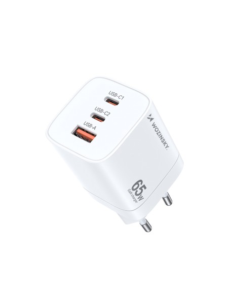 Wozinsky CGWCW 65W USB-A / 2 x USB-C GaN sieninis įkroviklis - baltas