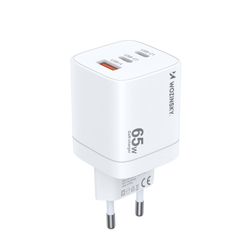 Wozinsky CGWCW 65W USB-A / 2 x USB-C GaN sieninis įkroviklis - baltas