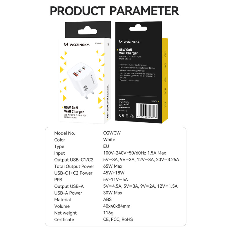 Wozinsky CGWCW 65W USB-A / 2 x USB-C GaN sieninis įkroviklis - baltas