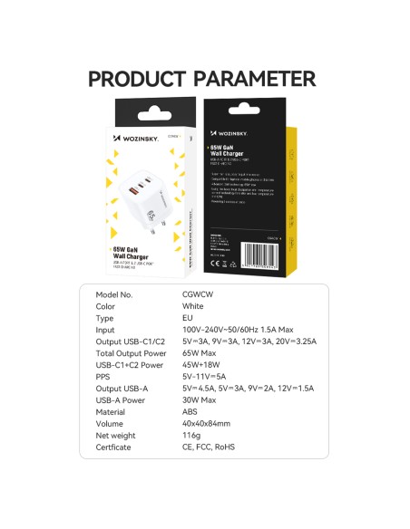 Wozinsky CGWCW 65W USB-A / 2 x USB-C GaN sieninis įkroviklis - baltas