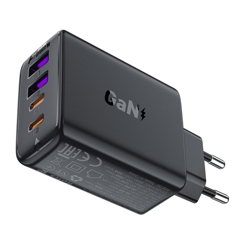 Acefast A61 PD 45W GaN įkroviklis 2 x USB-C + 2 x USB-A su 4 prievadais - juodas