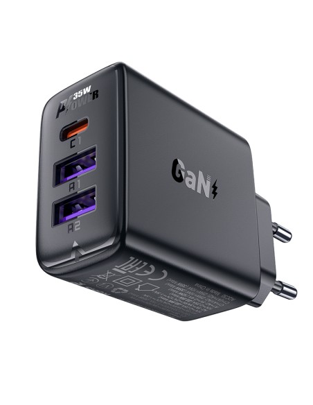 Acefast A57 PD 35W GaN įkroviklis 2 x USB-A + USB-C su 3 prievadais - juodas