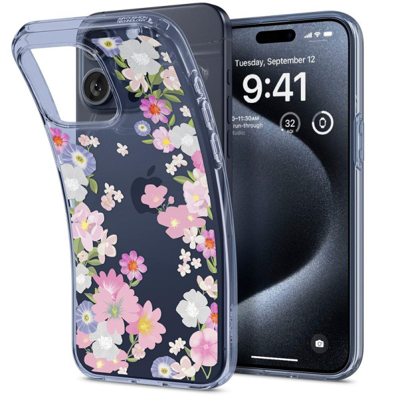 Spigen Liquid Crystal dėklas iPhone 15 Pro - rožinės ir mėlynos gėlės