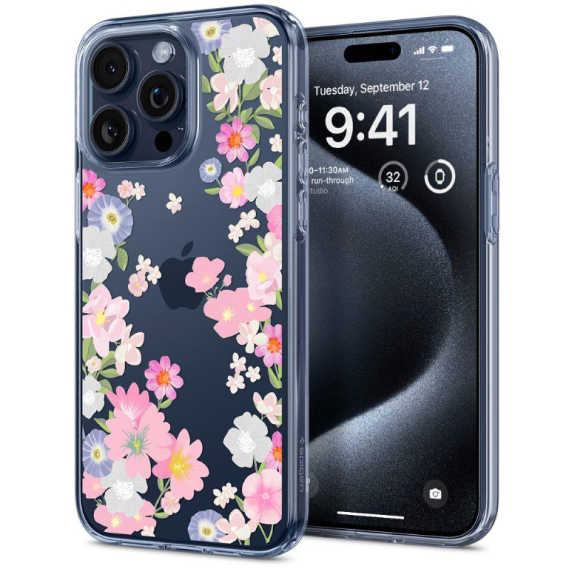 Spigen Liquid Crystal dėklas iPhone 15 Pro - rožinės ir mėlynos gėlės