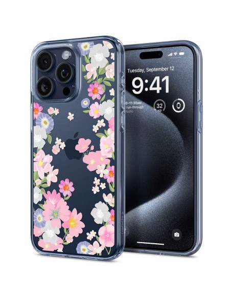 Spigen Liquid Crystal dėklas iPhone 15 Pro - rožinės ir mėlynos gėlės Spigen Liquid Crystal dėklas iPhone 15 Pro - rožinės ir mėlynos gėlės