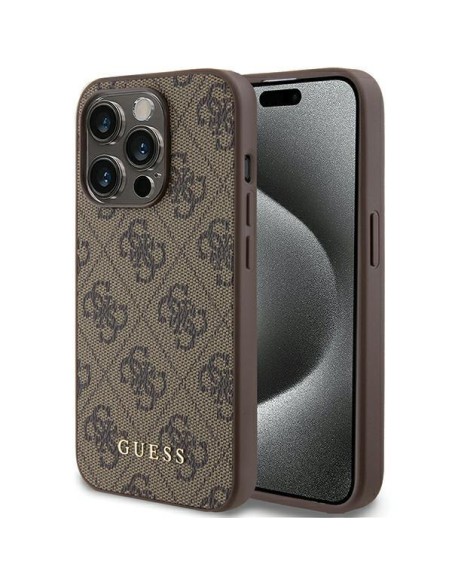 Guess 4G Metal Gold Logo dėklas, skirtas iPhone 15 Pro - rudas Guess 4G Metal Gold Logo dėklas, skirtas iPhone 15 Pro - rudas