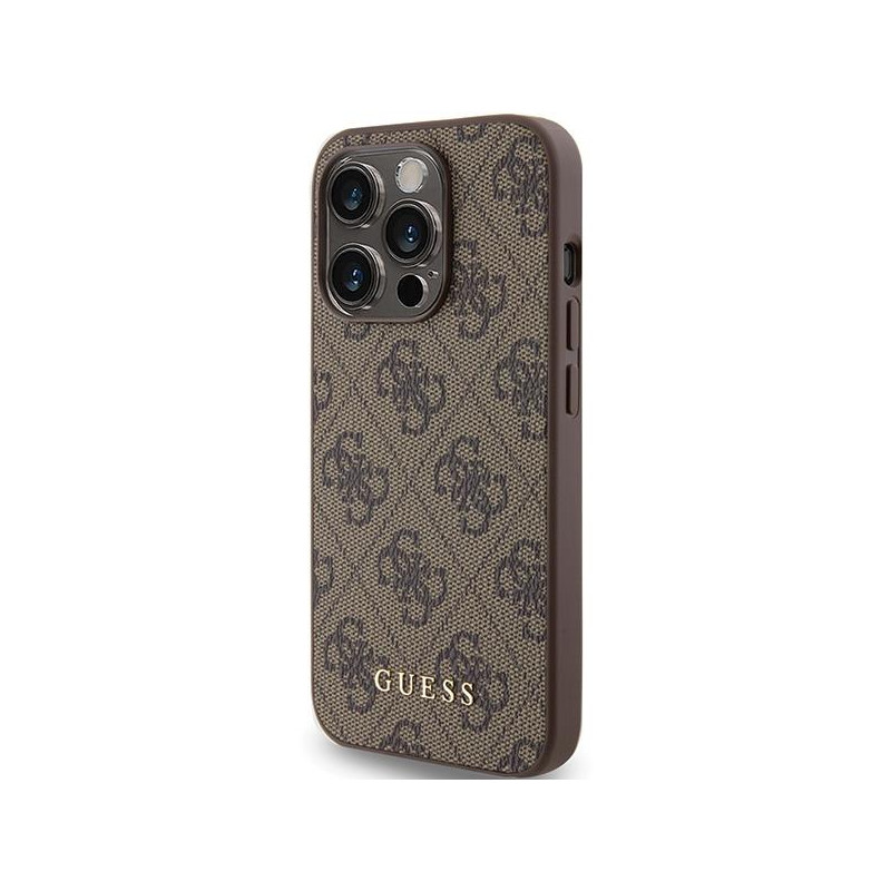 Guess 4G Metal Gold Logo dėklas, skirtas iPhone 15 Pro - rudas
