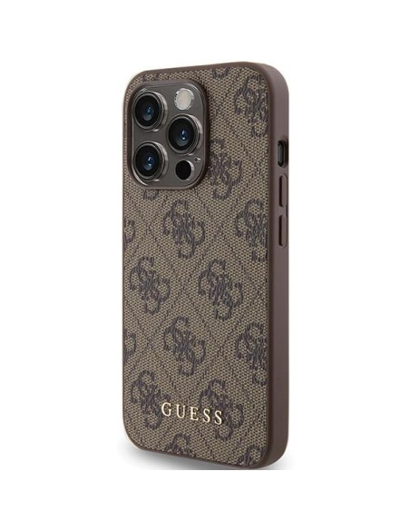 Guess 4G Metal Gold Logo dėklas, skirtas iPhone 15 Pro - rudas Guess 4G Metal Gold Logo dėklas, skirtas iPhone 15 Pro - rudas