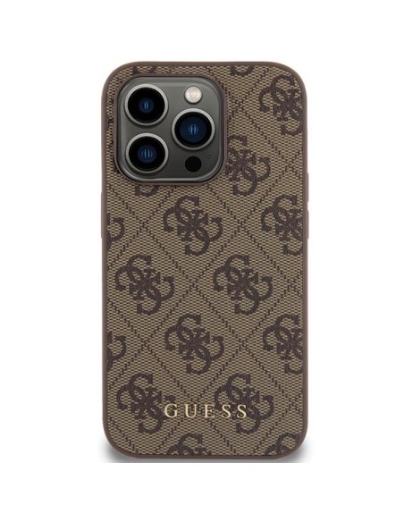 Guess 4G Metal Gold Logo dėklas, skirtas iPhone 15 Pro - rudas Guess 4G Metal Gold Logo dėklas, skirtas iPhone 15 Pro - rudas