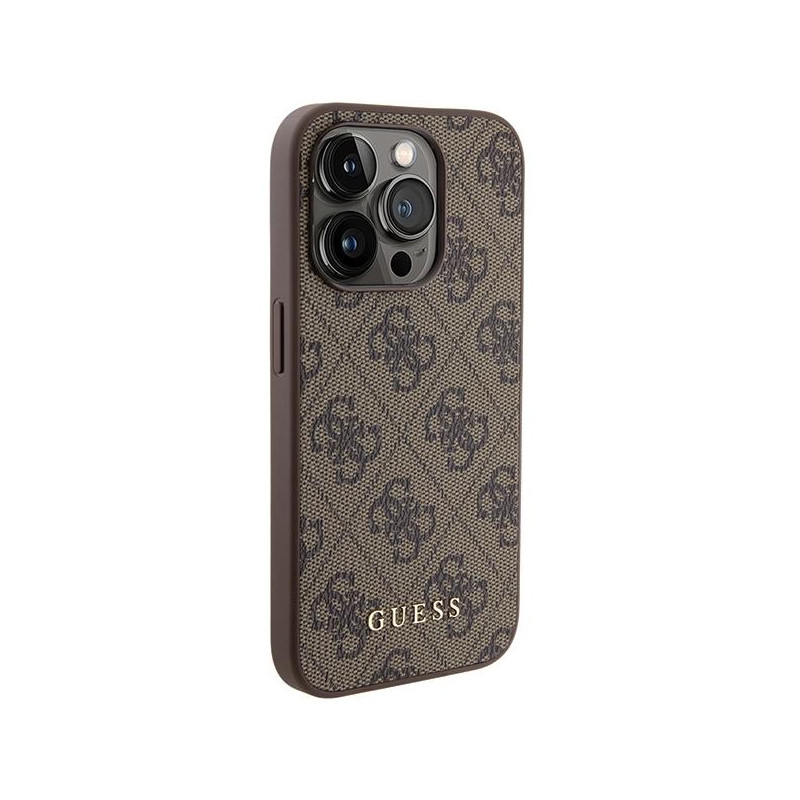 Guess 4G Metal Gold Logo dėklas, skirtas iPhone 15 Pro - rudas