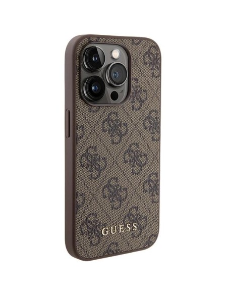 Guess 4G Metal Gold Logo dėklas, skirtas iPhone 15 Pro - rudas Guess 4G Metal Gold Logo dėklas, skirtas iPhone 15 Pro - rudas