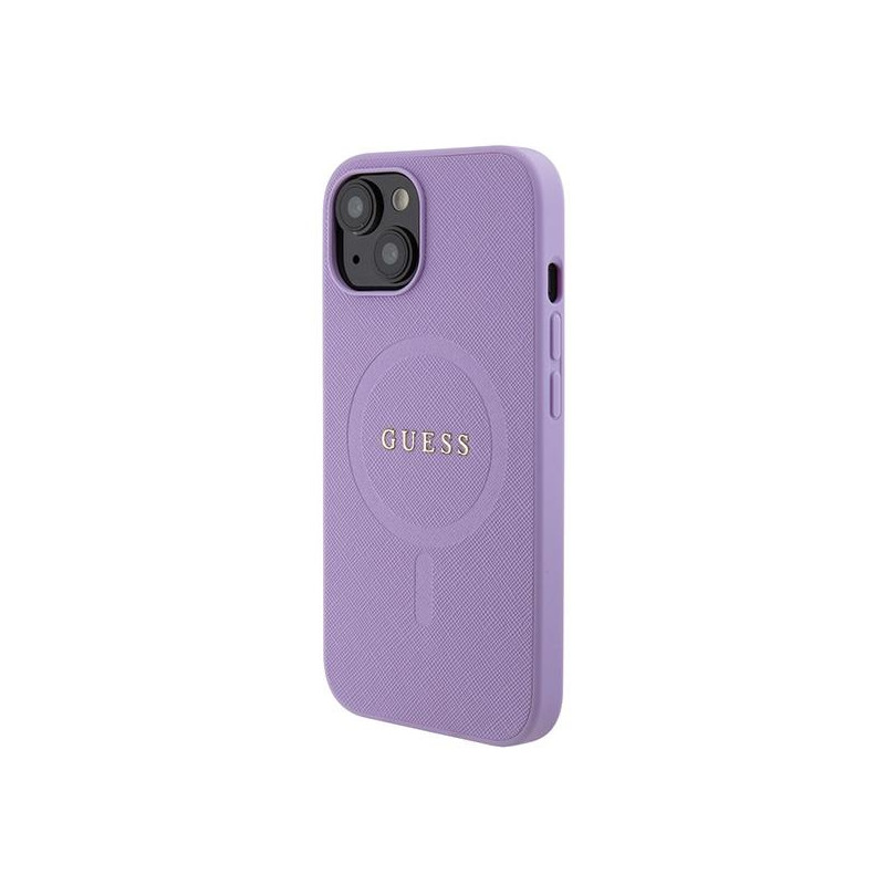 Guess Saffiano MagSafe dėklas iPhone 15 Plus - violetinis