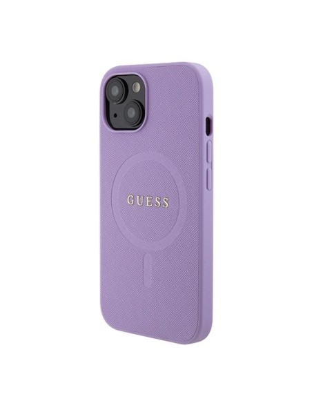Guess Saffiano MagSafe dėklas iPhone 15 Plus - violetinis