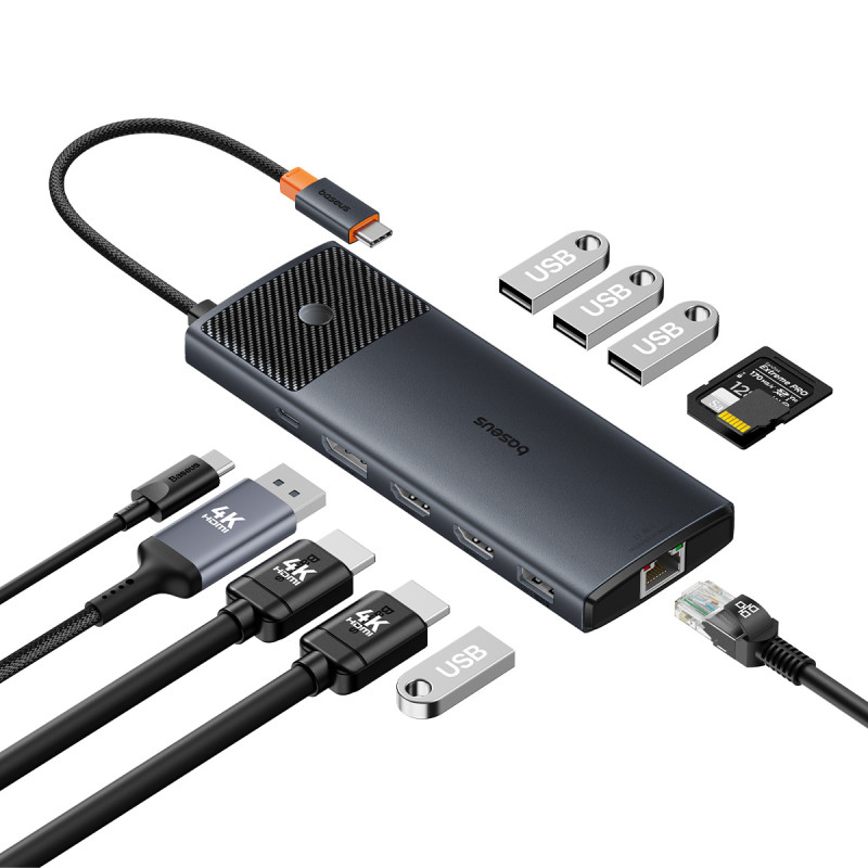 USB HUB 11in1 Baseus Metal Gleam Series II USB-A/ USB-C PD/ HDMI/ DP/ RJ45/ SD/ TF – juodas USB HUB 11in1 Baseus Metal Gleam Series II USB-A/ USB-C PD/ HDMI/ DP/ RJ45/ SD/ TF – juodas