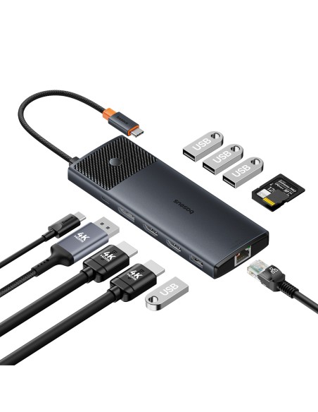 USB HUB 11in1 Baseus Metal Gleam Series II USB-A/ USB-C PD/ HDMI/ DP/ RJ45/ SD/ TF – juodas