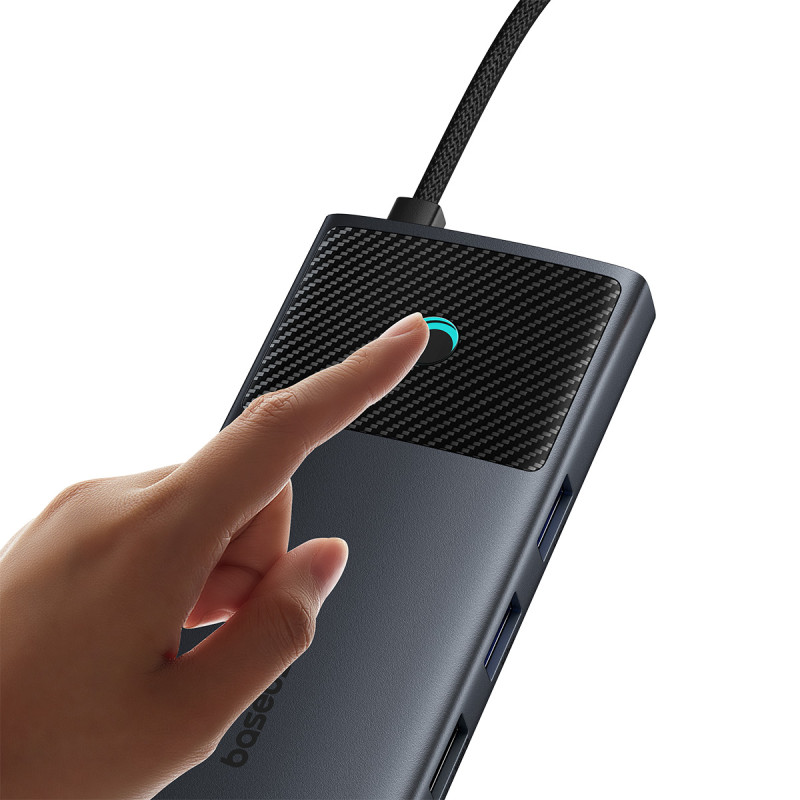 USB HUB 11in1 Baseus Metal Gleam Series II USB-A/ USB-C PD/ HDMI/ DP/ RJ45/ SD/ TF – juodas