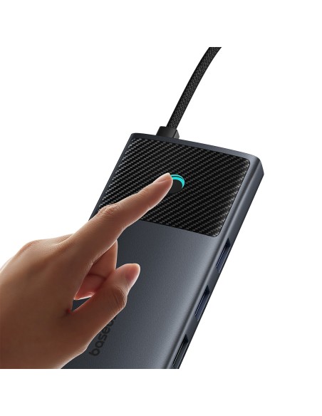 USB HUB 11in1 Baseus Metal Gleam Series II USB-A/ USB-C PD/ HDMI/ DP/ RJ45/ SD/ TF – juodas