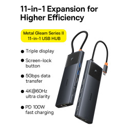 USB HUB 11in1 Baseus Metal Gleam Series II USB-A/ USB-C PD/ HDMI/ DP/ RJ45/ SD/ TF – juodas