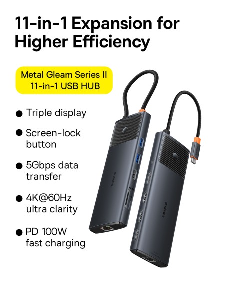 USB HUB 11in1 Baseus Metal Gleam Series II USB-A/ USB-C PD/ HDMI/ DP/ RJ45/ SD/ TF – juodas